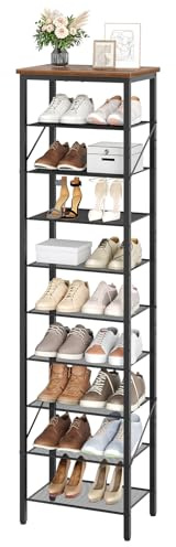 MAHANCRIS Schuhregal, 10 Ebenen, Vertikales Schuhregal für 18-20 Paar Schuhe, Schmal Schuhschrank, Schuhorganizer für Flur, Eingangsbereich, Metall, Industrie-Stil, Braun und Schwarz ASRHR11401