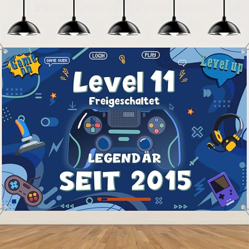 Tasoraor Game Deko 11. Geburtstag Banner - Gaming Geburtstagsdeko Level 11 Hintergrund 150 x 100 cm, Stoff Gamer Partybanner für 11. Junge Kindergeburtstag Dekoration