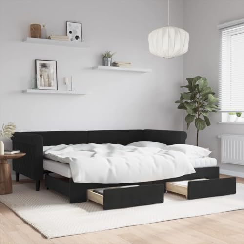 YuuSsea Tagesbett Ausziehbar mit Schubladen, Schwarz 90x200 cm, Samt, Schlafsofa mit 2 Matratzen, Doppelbett für Gäste, Schlafzimmer Möbel