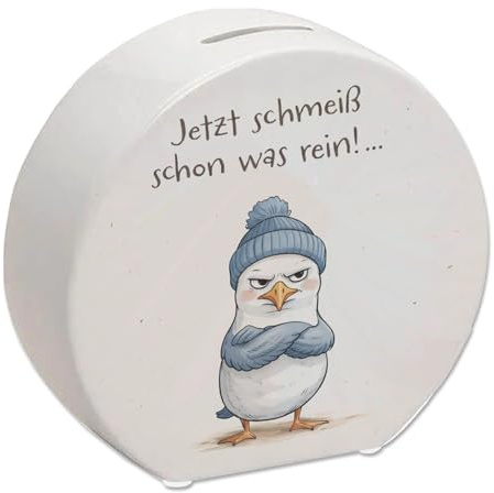 speecheese Spardose böse schauende Möwe mit Mütze Jetzt schmeiß rein | Lustige Sparbüchse für junge Möwen-Fans