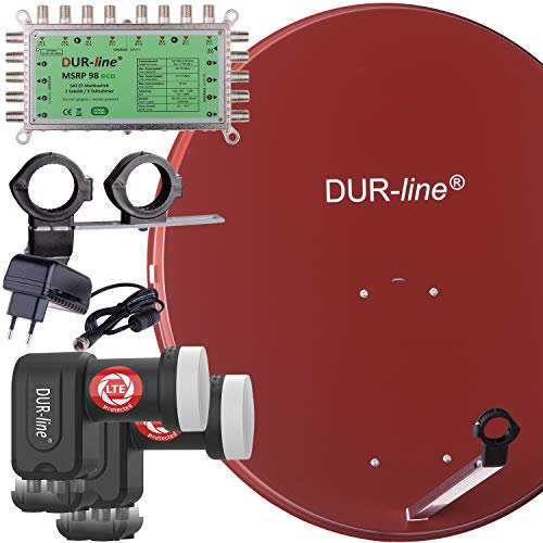 DUR-line MDA 90 Rot - Digitale 8 Teilnehmer Satellitenschüssel Komplett-Anlage mit Premium Multischalter und LNB [Camping, Astra 19,2°, DVB-S/S2, Full HD, 4K, 3D]