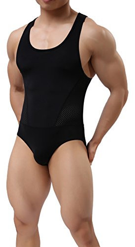 TESOON Herren Sport-Bodysuit Netz-Jumpsuits Gymnastikanzug Wrestling Singlet - Schwarz - Large