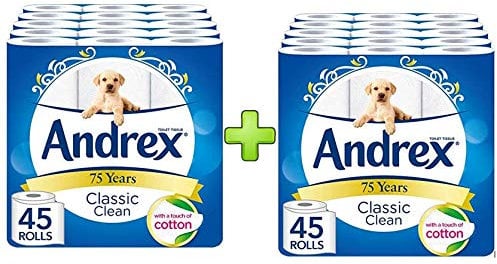 Andrex Classic Clean Toilet Roll Tissue Paper - 90 Rolls Bulk Multi Pack Offer