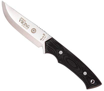Muela Cuchillo de Caza Viking.M-11M con Hoja de Acero INOX MoVa criogenizada CRYO-T y empuñadura de micarta Negra con pedernal para Caza, Pesca, Supervivencia y Bushcraft + Portabotellas de Regalo