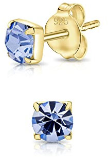 DTPsilver® WINZIGE Quadratischer Ohrringe 925 Sterling Silber Gelb Vergoldet mit Runde Kristallen von Swarovski® Elements - Sehr KLEINE Ohrstecker - Durchmesser 4 mm - Farbe : Tansanit