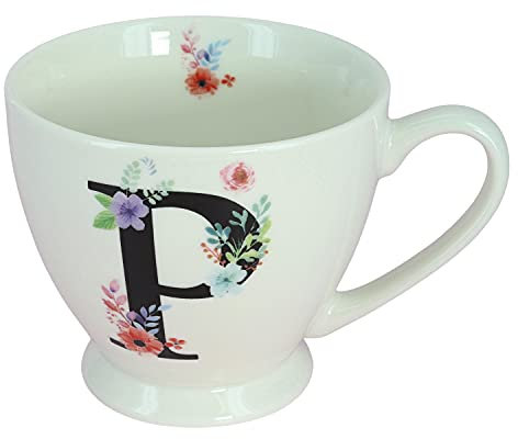 G Decor White Floral, 350ml, Alphabet A-Z Ceramic Tea Coffee XL Cup Mug, Novelty Drinkware for Morning or Evening Drink (P)