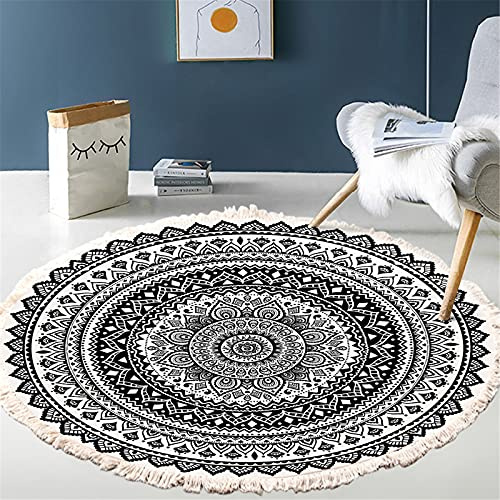 Greenf Runder Teppich, Mandala Boho Runde Teppich mit Quasten Handwebteppich Baumwolle Waschbar Boho-Stil Teppiche (Stil 3,120 x 120cm)