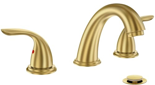 Phiestina WF008-5-BG Badezimmer-Wasserhahn, 20,3 cm, gebürstetes Gold, breite 2-Griffe, 3 Löcher, mit Metall-Pop-Up-Ablaufmontage, niedriger Bogen, Waschbeckenarmatur, 20,3 cm