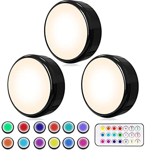 HELPLEX Lampe de Placard, Lampe LED Veilleuse RGB 16 Couleurs Sans Fil, éclairage d'escalier, éclairage de jeu sans fil à LED, avec 1 Télécommandes et Fonction de synchronisation, Paquet de 3