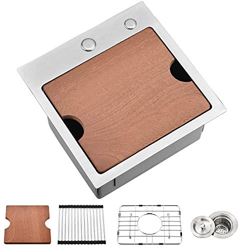 Vasoyo Évier de cuisine à encastrer en acier inoxydable calibre 16, à cuve unique, pour camping-car, petite barre humide, avec station de travail et planche à découper - 45,7 x 45,7 cm