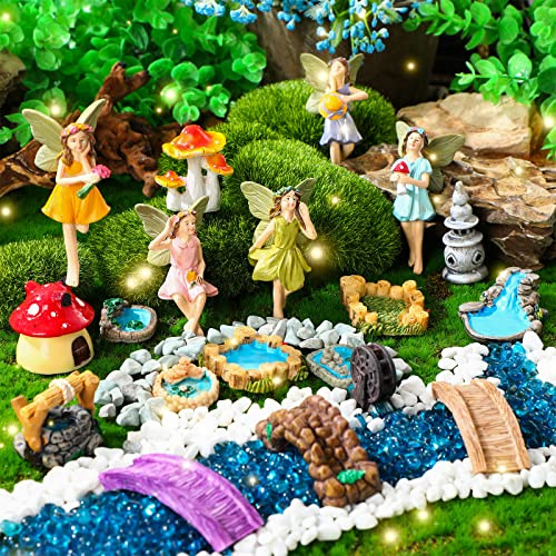19 Pcs Fairy Garden Accessories Miniatures Fairies Gnome Figures Resin Garden Mushroom House Figures Fake Pond Lawn Bridge Figurines Terrarium Ornaments Garden Fairy Decoration for Outside (Angel)