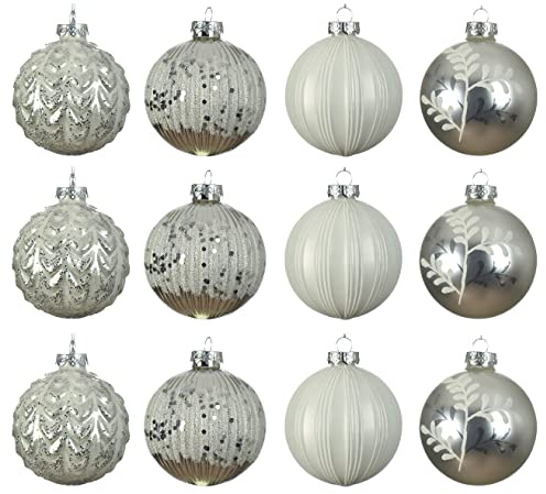 Kaemingk Weihnachtskugeln Glas 8cm x 12 Stück Muster Streifen Ornamente Mix Christbaumkugeln Silber weiß
