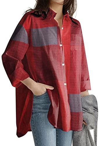 Damen Langarm Top T ShirtV-Ausschnitt Top Langarm Tunika Plaid Print Top Oberteil Damen