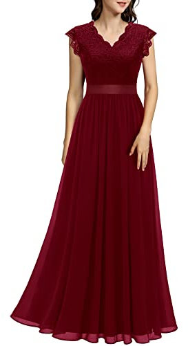 Dressystar Damen Lang Ballkleid Spitze Chiffon V Ausschnitt Maxilang Abendkleid Elegant für Hochzeit Cocktailkeider Dunkelrot S