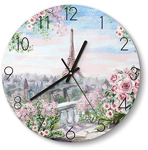 DEQORI Glasuhr | rund Ø 30 cm | Motiv Blumenmeer Paris | ausgefallene leise Design Uhr aus Glas | Wanduhr für Wohnzimmer & Küche | moderne Hingucker Uhr für die Wand