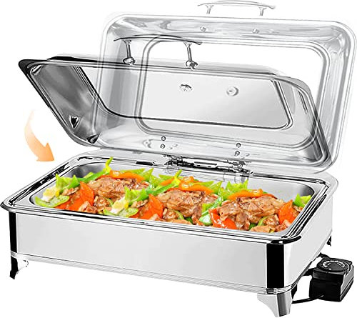 VFDZ 9L Chafing Dish Electrico de Acero Inoxidable, Calentador de Comida Comercial Temperatura Ajustable para Buffet, Calentador de Buffet con con Tapa Visible (Full Pan)