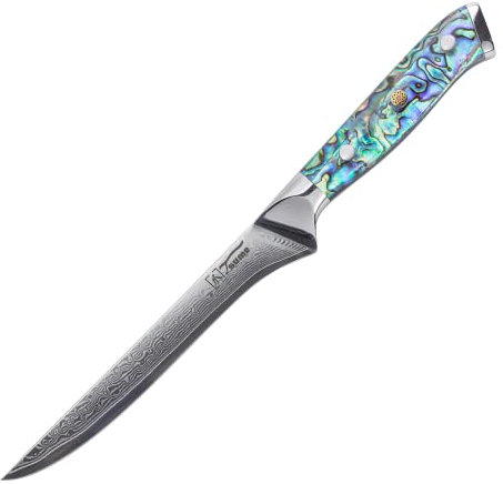 Tsume Filetiermesser Abalone, Klingenlänge 15cm, Echtes Damast Küchenmesser mit Perlmuttplatten, 67 Schichten VG10 Edelstahlkern mit Kunstharz Handgriff, Rasiermesserscharf