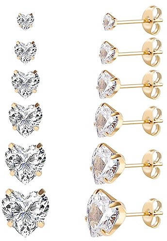 6 Pairs Surgical Stainless Steel Stud Earrings, Screw back 18K Gold Plated Heart Star Square Princess Cut Round CZ Stud Earrings Set for Women (Gold heart Butterfly back)
