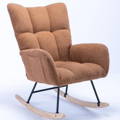 SPOFLYINN Schaukelstuhl für Kinderzimmer, Wippe mit sicherem Massivholzsockel, weicher Stoff, Schaukelstuhl für Wohnzimmer, Schlafzimmer, rechteckiger Teddy, PHO_12OW 1 28,54, Braun