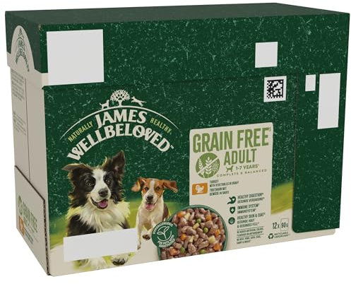 JAMES WELLBELOVED 12 x 90g Hund Portionsbeutel Nassfutter ohne Getreide, Truthahn & Gemüse in Sauce
