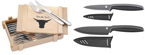 WMF Steakbesteck 12-teilig, Steakbesteck Set für 6 Personen & Touch Messerset 2-teilig, Küchenmesser mit Schutzhülle, Spezialklingenstahl antihaftbeschichtet, scharf, Kochmesser, Gemüsemesser, schwarz