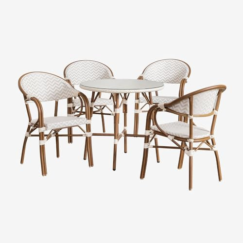 SKLUM Set aus rundem Tisch Ø80 cm und 4 stapelbaren Gartenstühlen mit Aluminiumarmlehnen Brielle Bistro