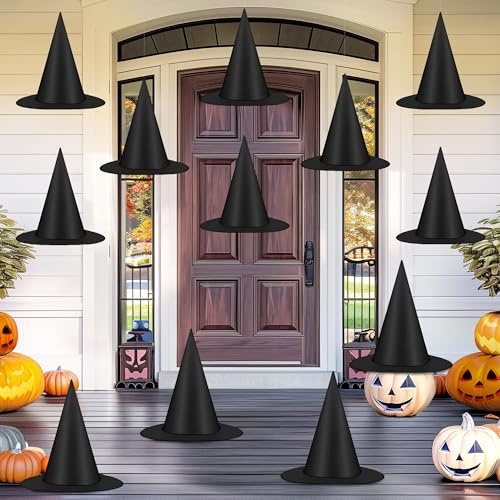 12 PCS Halloween Witch Hats, Black Hanging Witch Hats, Witch Costume Accessories with 328 FT Nylon Cord Wizard Hats Indoor Outdoor Halloween Decorations
