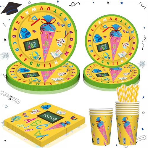 60 Stück Einschulung Partygeschirr Set, Einschulung Schulanfang Partyset,Schulanfang Einweggeschirr Set,Schulanfang Einschulung Deko Geschirr, Schulstart Party Geschirr, Partygeschirr Set
