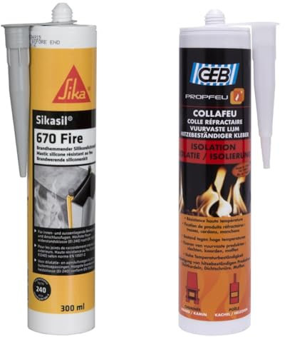 SIKA 670 Fire, Mastic silicone résistant au feu, 300ml, Gris & GEB Colle réfractaire COLLAFEU 310 ml spécial collage et assemblage de pièces réfractaires