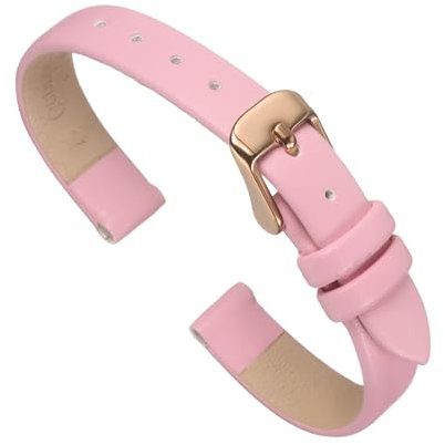 sourcing map Pink Genuine Leather Band 18mm Width, Flat Thin Elegant Leather Watch Strap Rose Gold Buckle for Men and Women