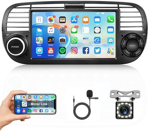 Rimoody 1G+32G Android Autoradio 2 Din für FIAT 500 2007-2015 mit Navi GPS WIFI IOS/Android Mirror Link 7 Zoll Touchscreen Autoradio mit Bluetooth FM/RDS DAB/OBD/DVR/EQ Lenkradsteuerung Rückfahrkamera