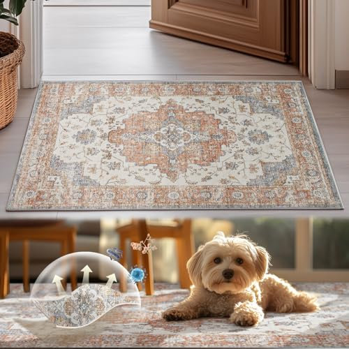 TOPICK Teppich Wohnzimmer Waschbar Kurzflor Retro Teppich 120x180cm Ziegelrot Orientalischer Antibakterieller Faltbar Weich rutschfest Schlafzimmer Kinderzimmer Wohnzimmer Flur Badezimmer