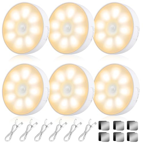 6 Pack Motion Sensor Lights Indoor, LED Wireless Rechargeable Magnetic Night Light with Auto/On/Off , 8 LEDs USB Charging, Removable Wall Led Puck Light for Stairs Closet Hallway Toilet (Warm White)
