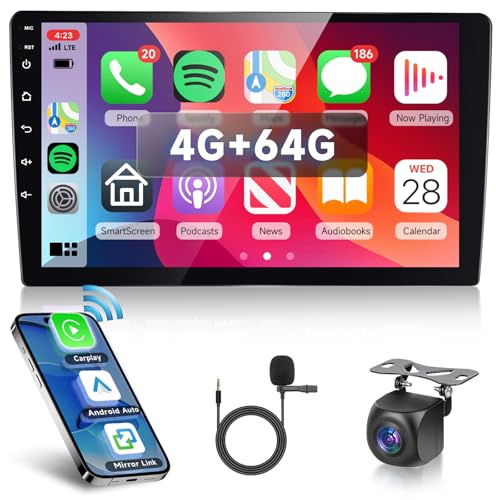 Hodozzy 4G+64G Android Double Din 10,1 Inch Touchscreen Car Stereo with Wireless Carplay Android Auto,GPS Double Din Car Radio Bluetooth, Navigation, WiFi, FM/RDS Radio, EQ/USB/SWC+Reversing Camera