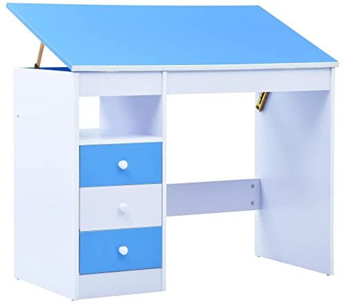 Myheimly Kinderschreibtisch mit 3 Schubladen Kippbar Neigungsverstellbar Schreibtisch Schülerschreibtisch Computertisch Blau