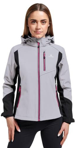 ATHL DPT. Veste softshell moderne pour femme, imperméable et respirante, avec capuche, Veste d'hiver gris clair avec noir, L
