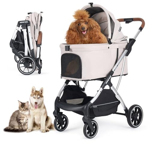 T5 Luxury Pet Stroller for Medium Dog Under 60lbs or 2 Small Dogs & Cats with 180 ̊Canopy, Sun Shades, Foldable Dog Stroller for Multiple Pets,(Beige)
