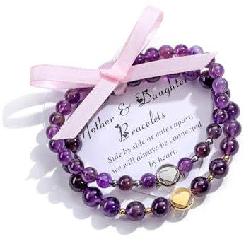 CrystalTears Mutter Tochter Armband Paar 6mm 8mm Amethyst Perelenarmband mit Silber Golden Herzanhänger Armschmuck für Mama Tochter Mädchen Muttertagsgeschenk