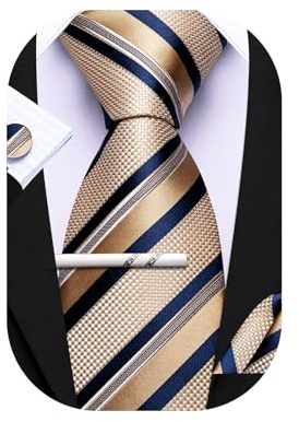 Barry.Wang Herren Seiden-Geschäftskrawatten mit Taschentuch Manschettenknopf-Streifen Plaid-Krawatten-Set Feierliche Hochzeit