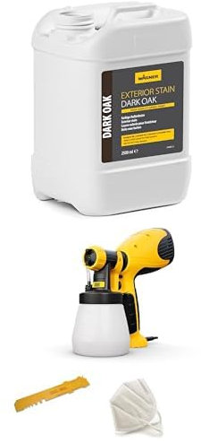 Bundle of WAGNER lasure colorée pour l’extérieur DARK OAK+Wagner Pistolet à peinture W 100 Wood&Metal Sprayer pour vernis et lasures à l'intérieur et l'extérieur, 5 m²-12 min, réservoir de 800 ml