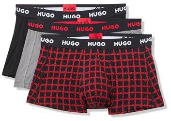 HUGO Men's 3 Pack Bold Logo Cotton Stretch Trunks, Crimson Check/Moon Rock/Black, L