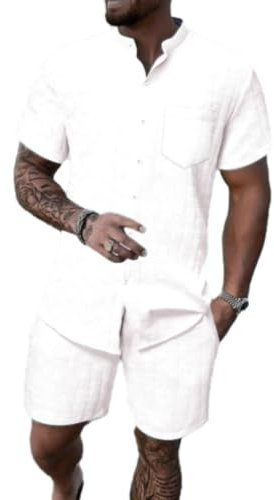 Trainingsanzug Herren Fitness Jogginganzug Atmungsaktiv Leichte Sportanzug Business Mode Casual Kurzarm T-Shirt Und Kurze Hose 2-Teiliges Set H-White XL