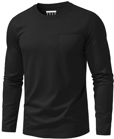 EKLENTSON Men Work T-Shirts Longsleeve Breathable Pocket Shirts Crew Neck Casual Lightweight Winter Tee Black XL