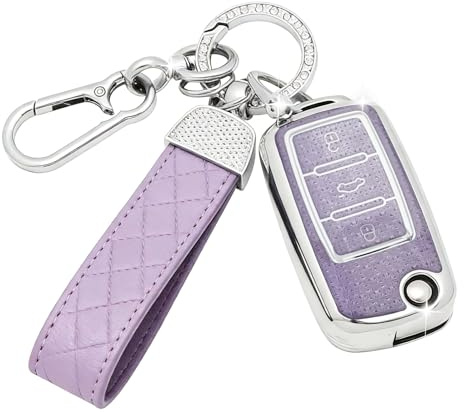 SparkleJoy Autoschlüssel Hülle Leder Schlüsselanhänger für VW Skoda Fabia | Lila Schlüsselhülle für VW Polo, Skoda, Fabia, Golf 4/5/6, T5, Multivan Schlüssel, TPU Diamantmuster，Schutzhülle Cover