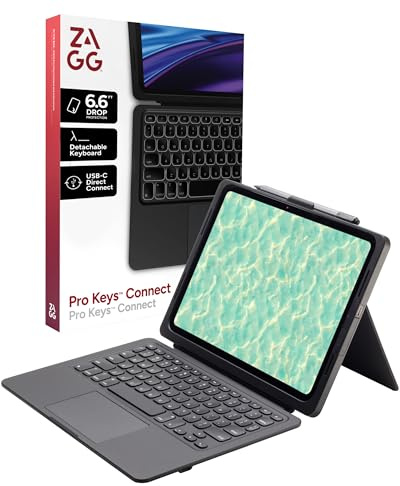 ZAGG Pro Keys Connect Tastaturhülle für iPad Air 27,9 cm (11 Zoll) (M3)/(M2)/11 Zoll (4. und 5. Generation), USB-C-Direktverbindungs-Tastatur mit Trackpad, abnehmbare Tasten mit Hintergrundbeleuchtung