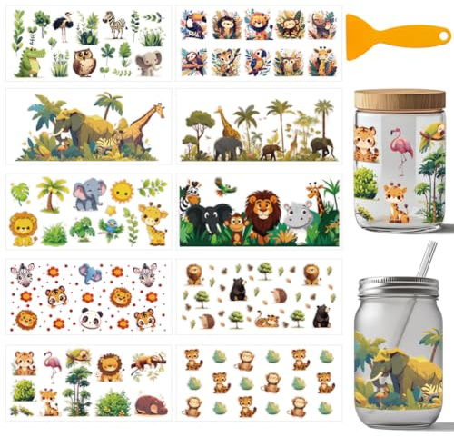 arricraft 10 fogli di carta adesiva per bicchieri da 453,6 g, motivo animali della giungla, zoo, leone, elefante, uccello, strofinare, in PVC, adesivi per tazze fai da te in legno, 24 x 11 cm