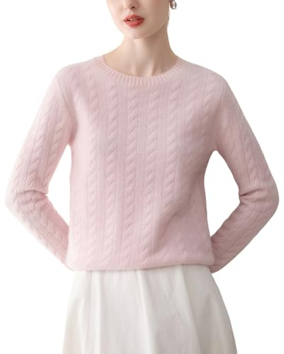 WEWE Pull Cachemire 95% Femme Col Rond Torsade Tricoté en Vrac Manches Longues épais Pull en Cachemire et Laine,Rose,EU 38,MA9113