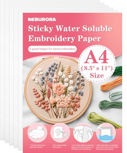 NEBURORA Bedruckbarer wasserlöslicher Stabilisator für Stickereien, 5 Stück, 20,8 x 29 cm, klebriges Stickpapier, abwaschbar, Stickerei, auflösbare Rückseite für Hand- oder Maschinennähzubehör