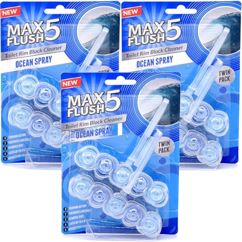 Max Flush 5 Ocean Spray Toilet Rim Block Cleaner, 6 Pack Twin Set, Foaming Action with Limescale Prevention, 45g Blocks