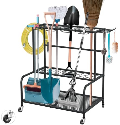 Tasofac Gartengeräte Ständer 61X41X66cm Gerätehalter Organizer | 78 Ablagefächern, Schwenkbaren, mit Haken und Rädern, Gartenwerkzeug Halter, Besenhalter